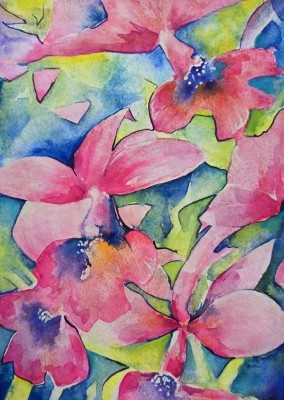 Aquarellbild abstrakter  Orchideen in Rosa- und Blautönen